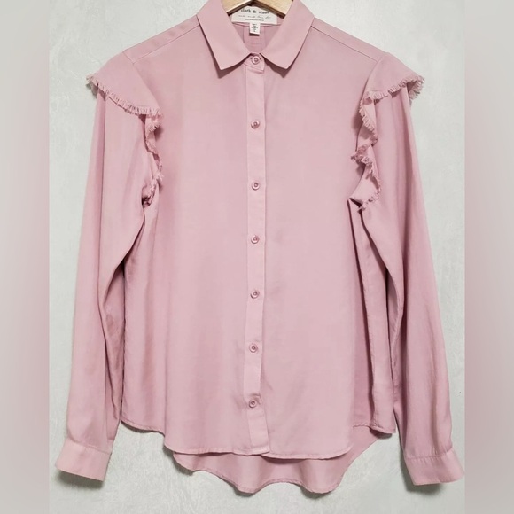 Anthropologie Cloth & Stone Pink Frayed Ruffle Shoulder Button Down Shirt Size L - Picture 4 of 6